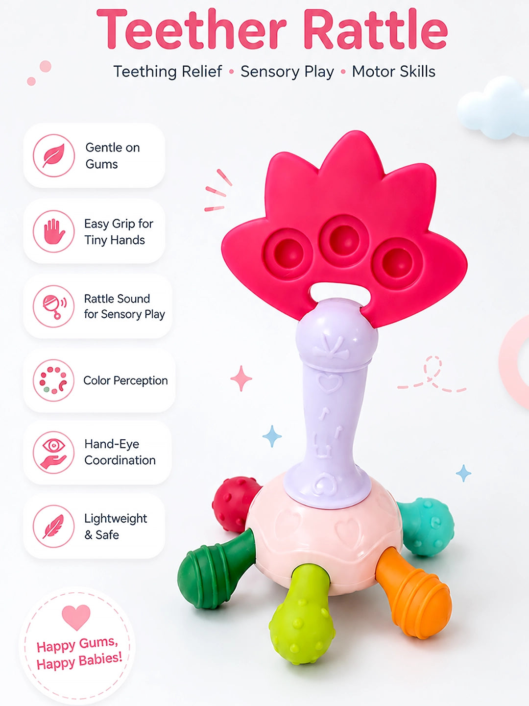 Multi-Texture Flower Baby Teether Rattle | BPA-Free | Sensory Play | 0–12 Months