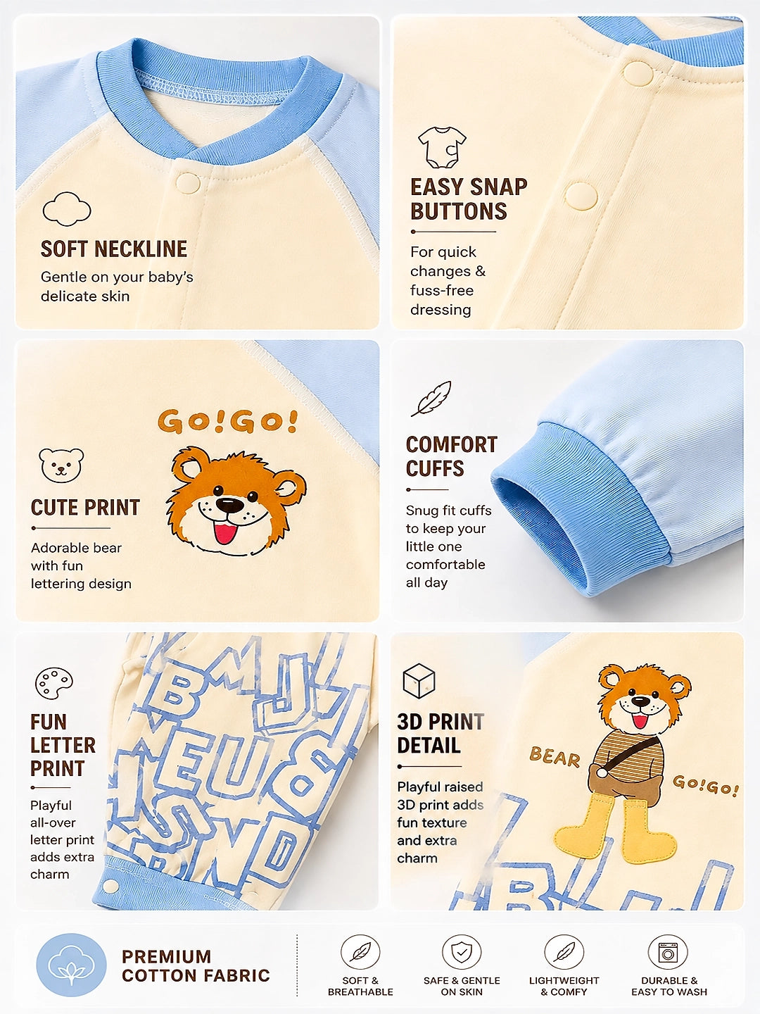 Blue Bear Baby Romper | Full Sleeve | Snap Button | Footless | Premium Cotton | 0–12 Months