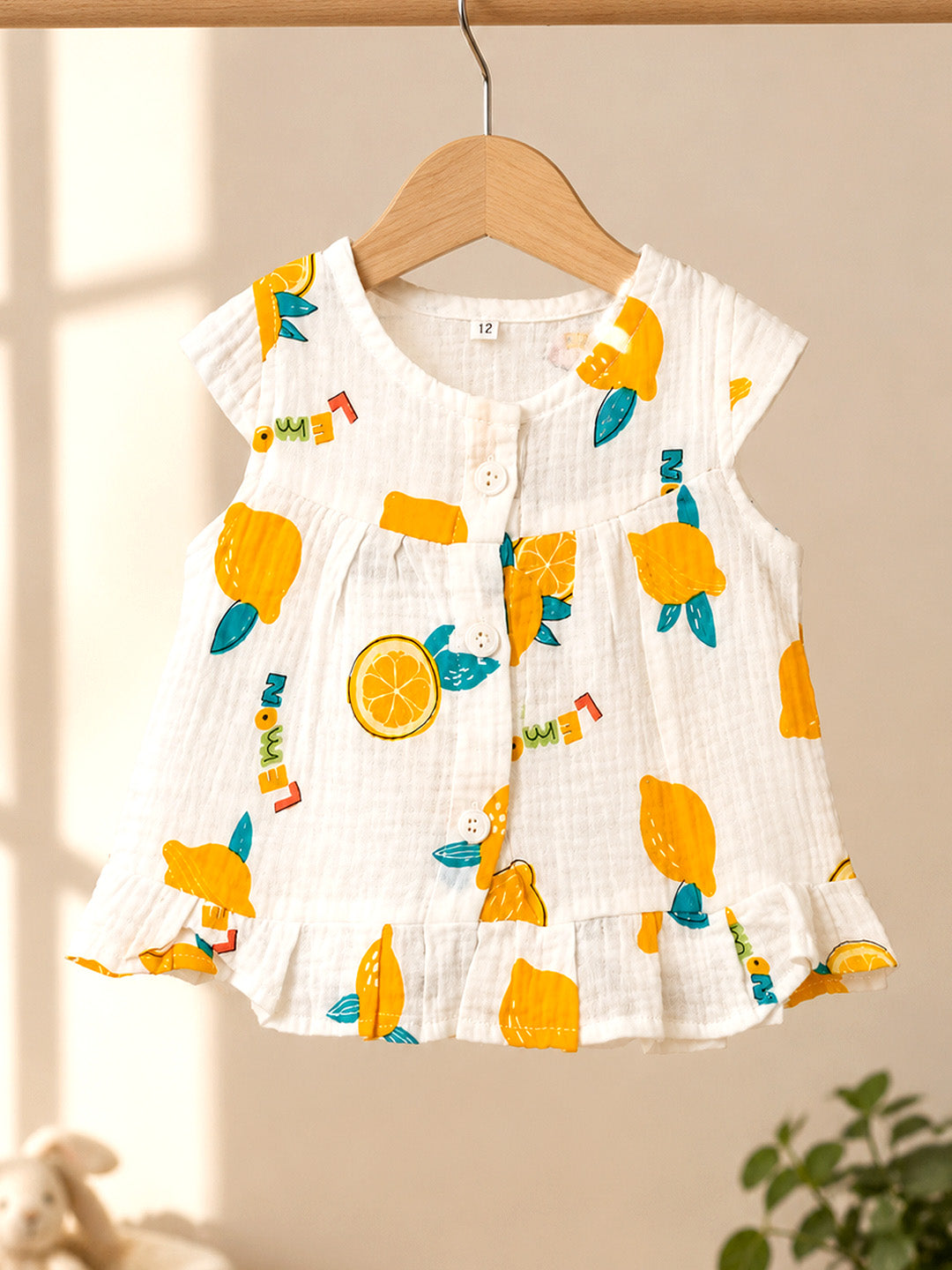 Lemon Print Baby Girl Muslin Frock | Sleeveless Flutter Sleeve Dress | Button Placket & Ruffle Hem