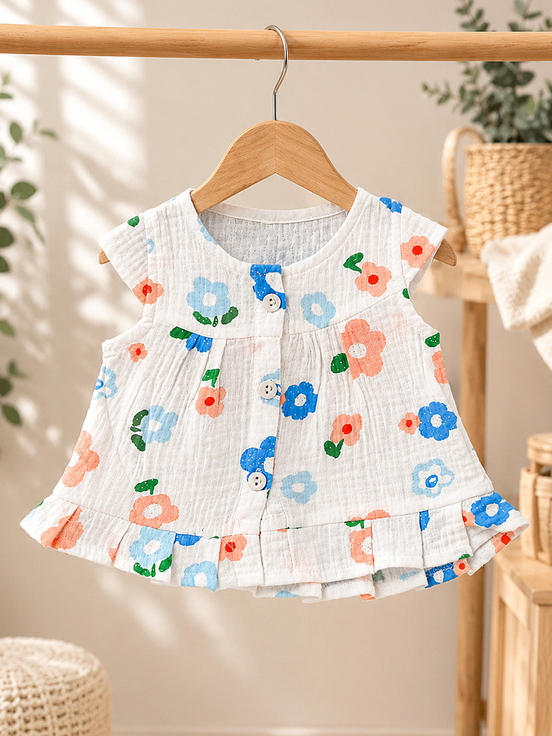 Blue Flower Baby Girl Muslin Frock | Sleeveless Button-Front Dress with Ruffle Hem