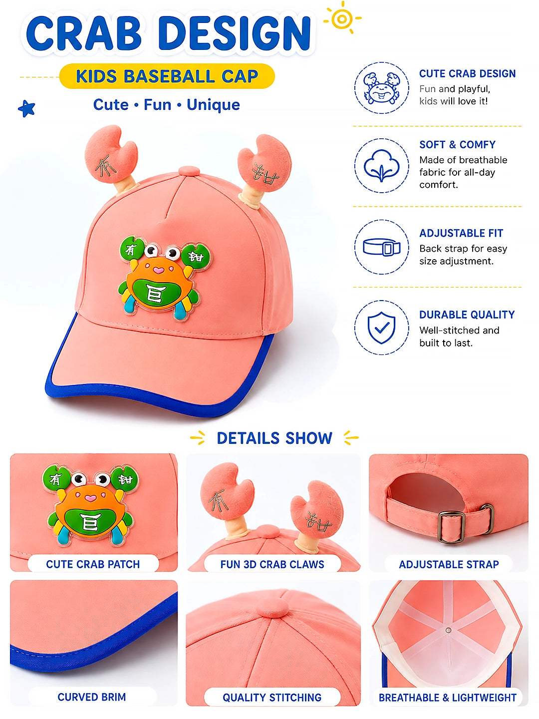 Pink 3D Crab Kids Baseball Cap | Adjustable Fit | Boys & Girls 2–6 Years