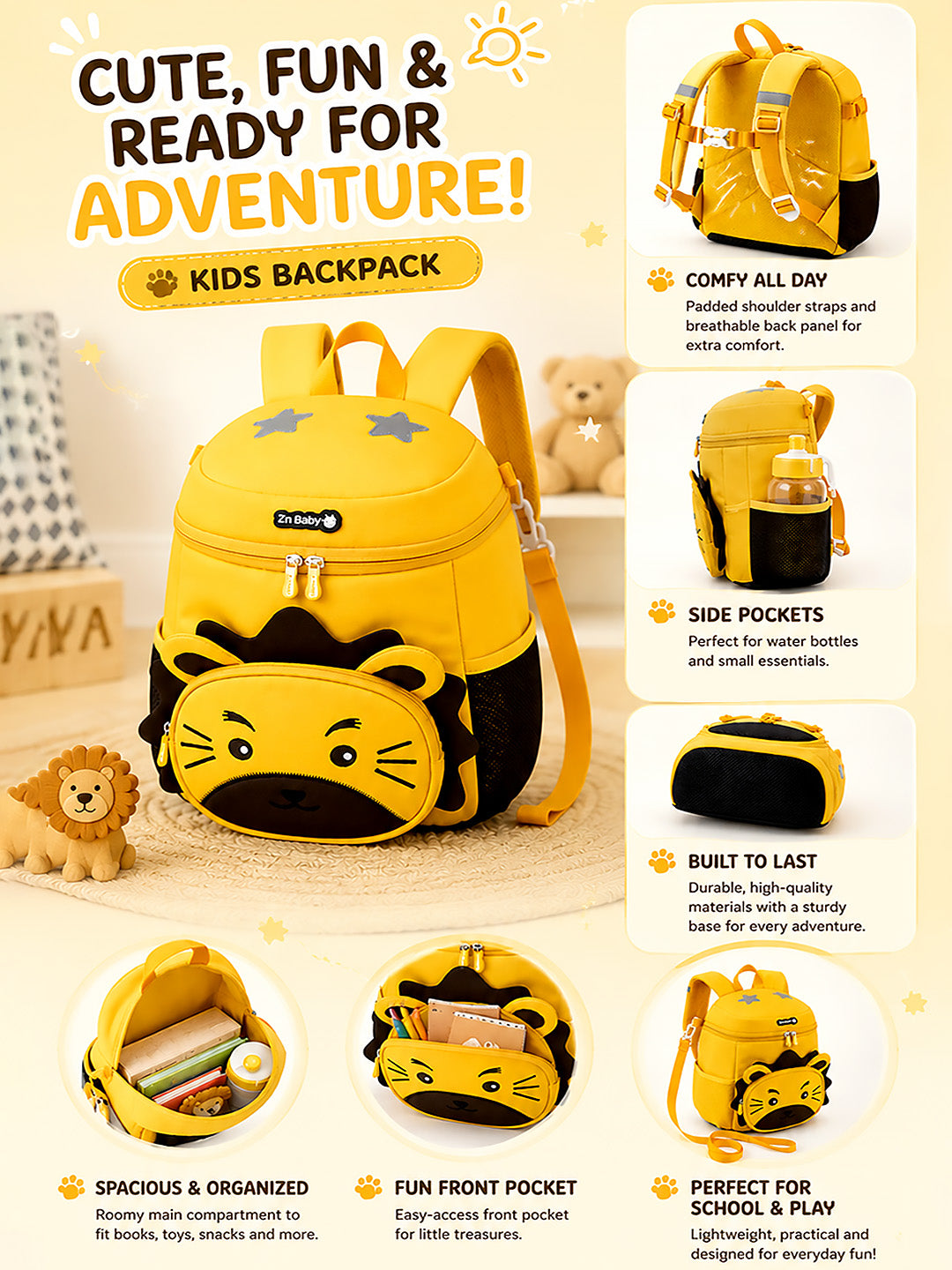 Yellow 3D Lion Kids Backpack with Safety Leash | Toddler School Bag