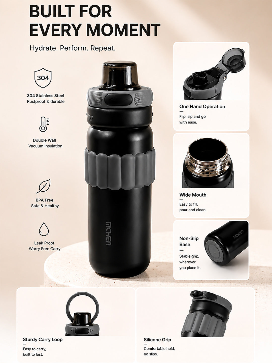 Black Stainless Steel Kids Water Bottle with Flip Lid, Straw & Carry Loop