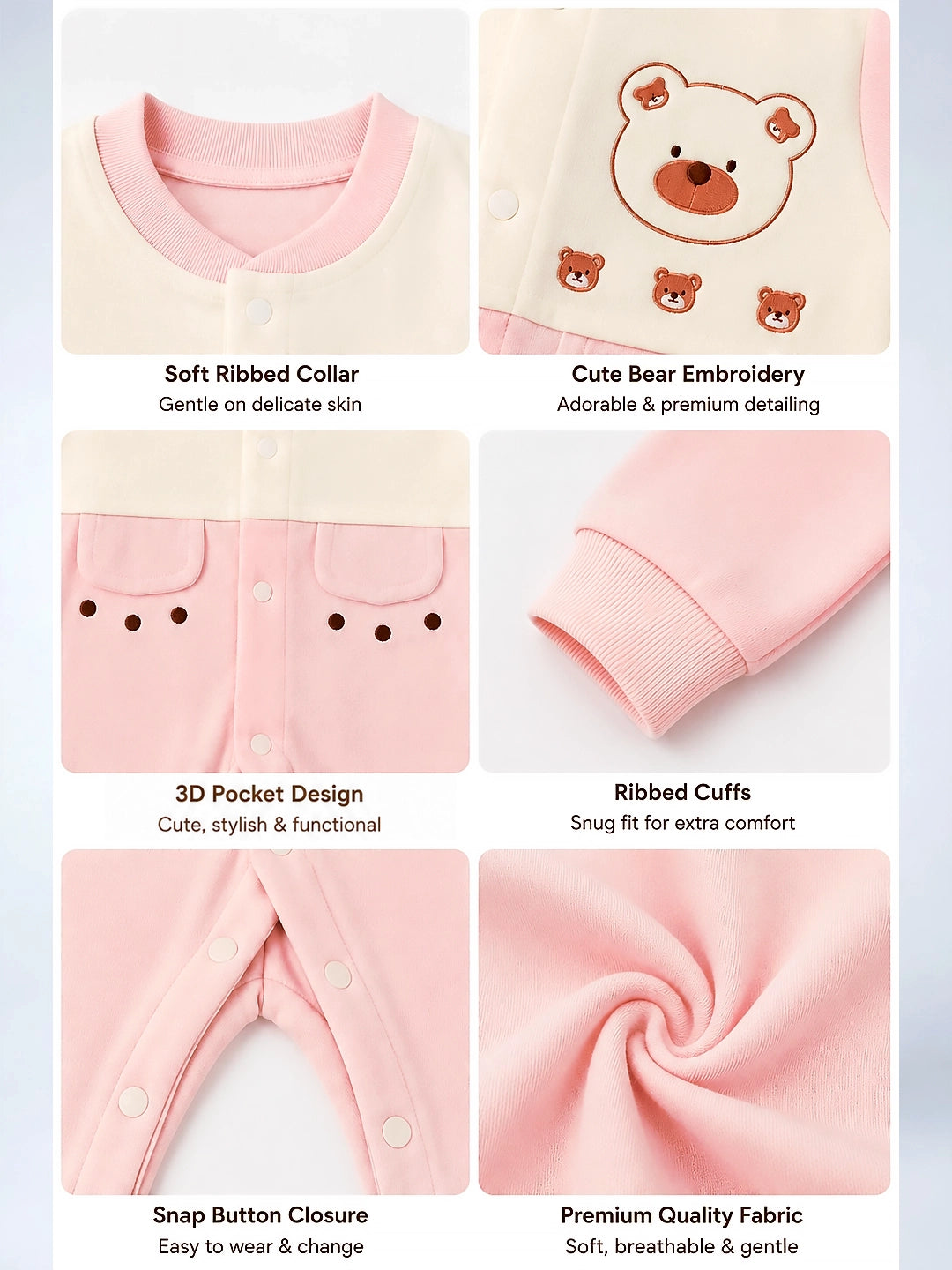 Bear Print Baby Romper | Full Sleeve | Snap Button | Footless | Soft Cotton | 0–12 Months