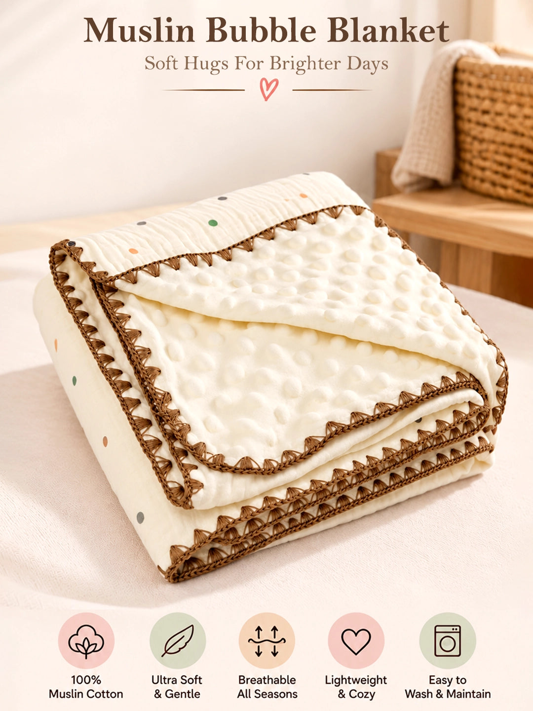 Confetti Dots Ivory Super Soft Muslin Cotton Baby Blanket | All-Season | Tan Border | 102×102 cm