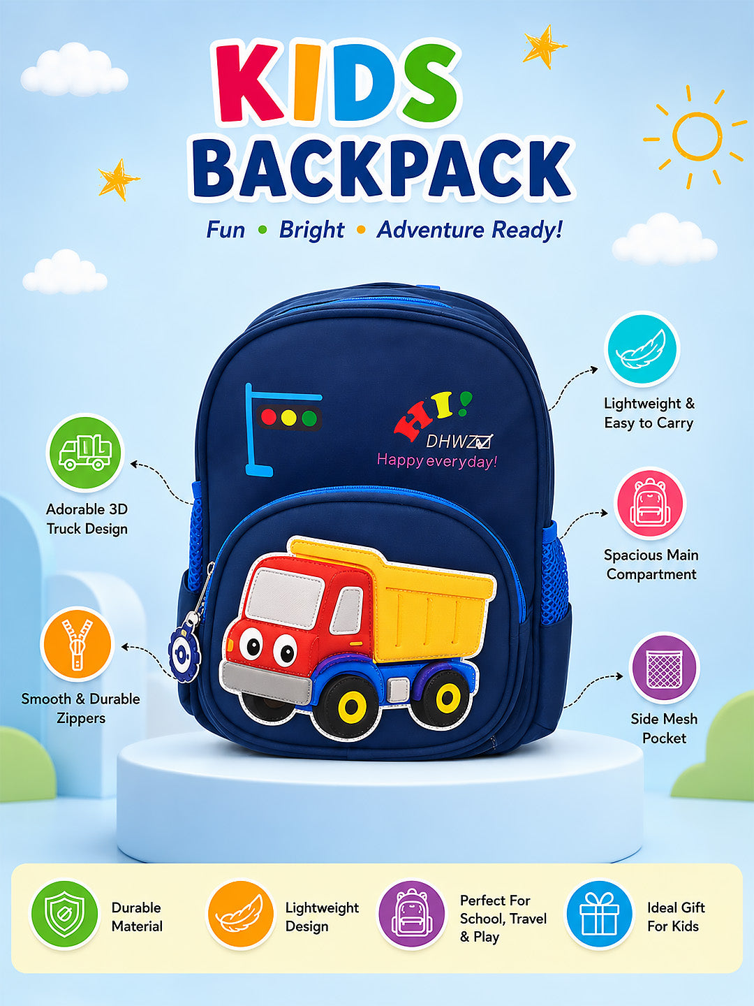 Navy Blue 3D Excavator Kids Backpack for Toddlers & Boys