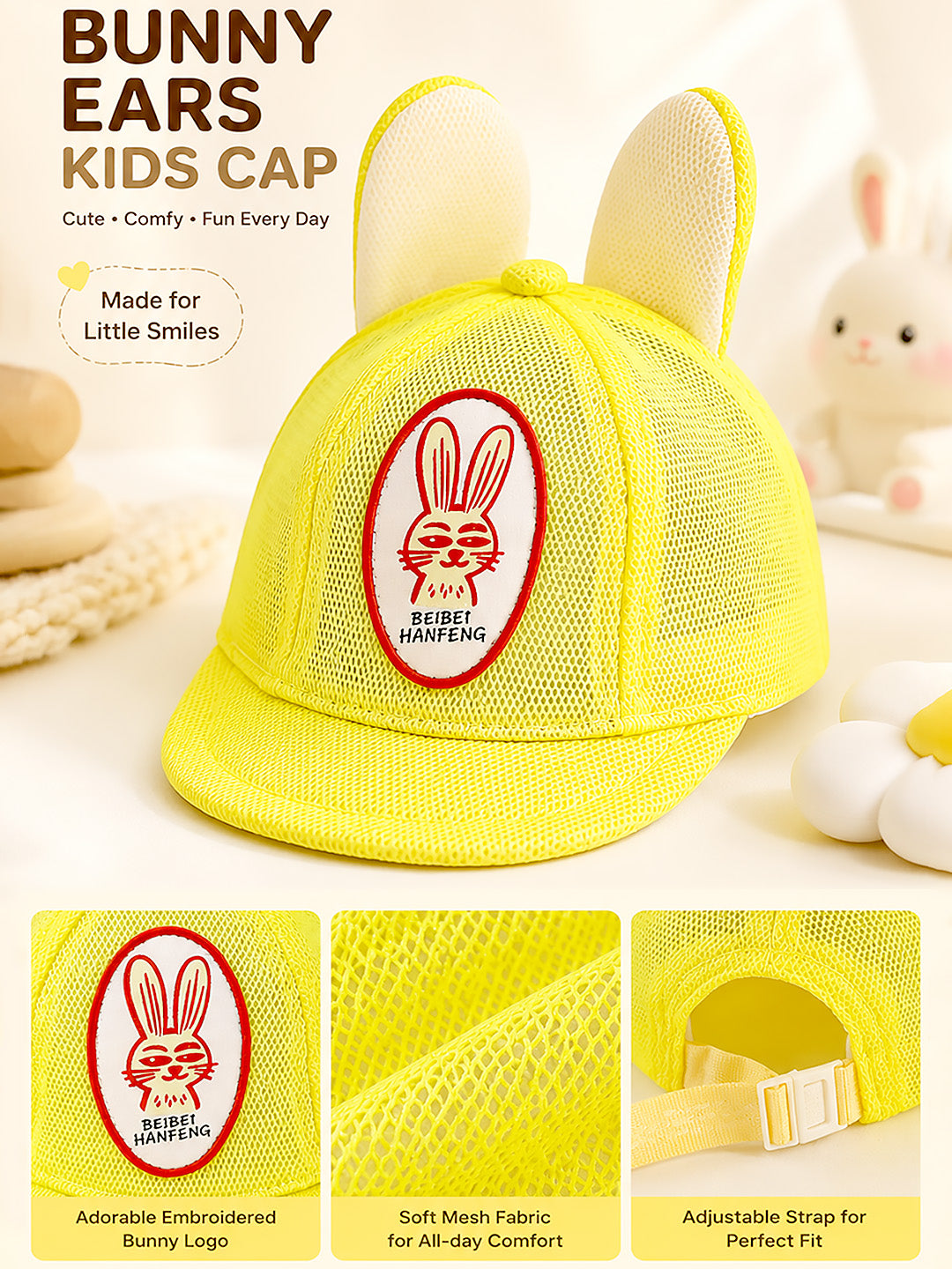 Yellow 3D Bunny Ears Kids Cap | Mesh Fabric | Adjustable Fit | 2–6 Years