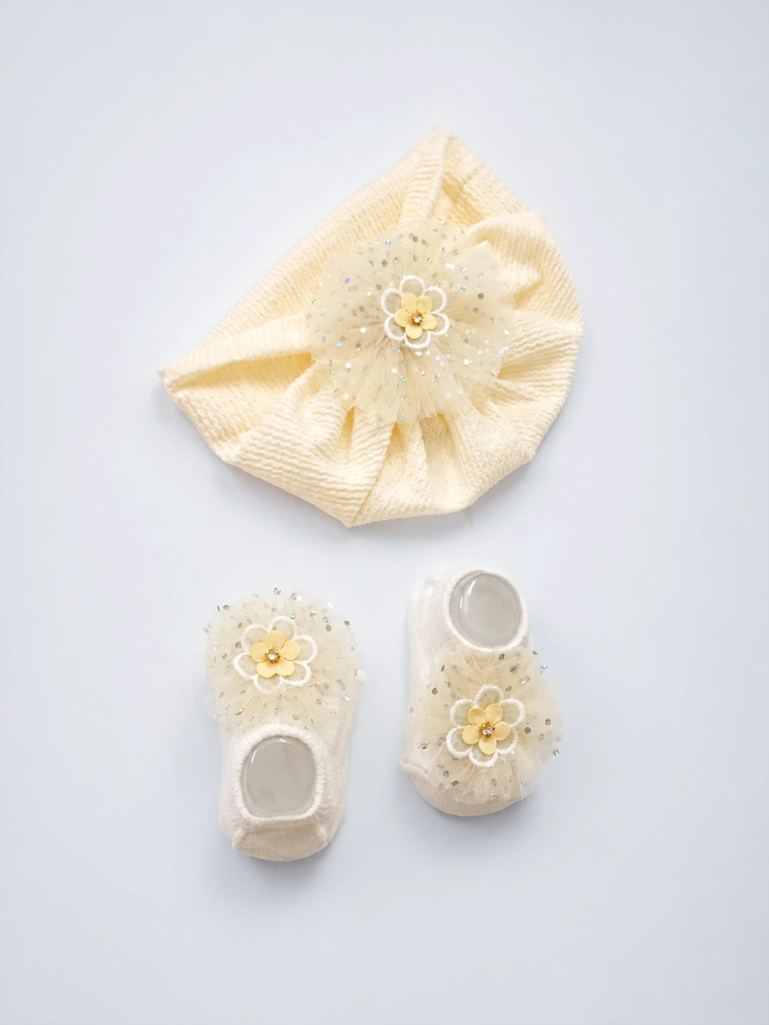 Cream Floral Turban Cap & Booties Set | Soft & Breathable | Baby Girls 0–12 Months
