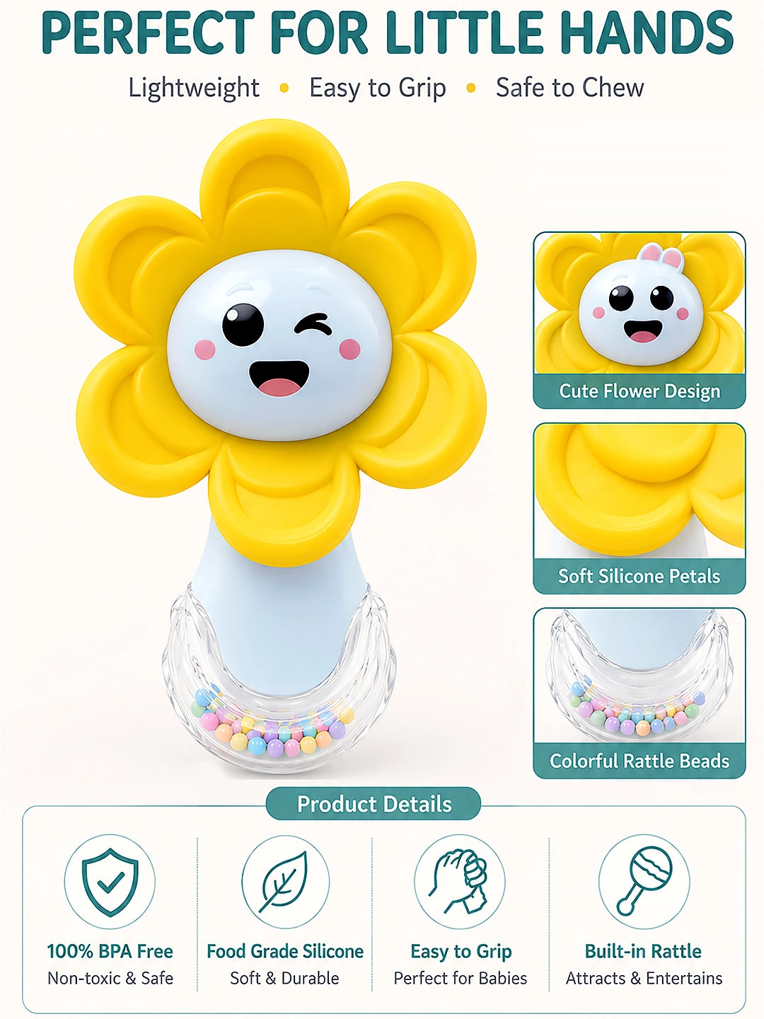 Yellow Sunflower Silicone Teether & Sensory Rattle | 2-in-1 Baby Toy | 0M+