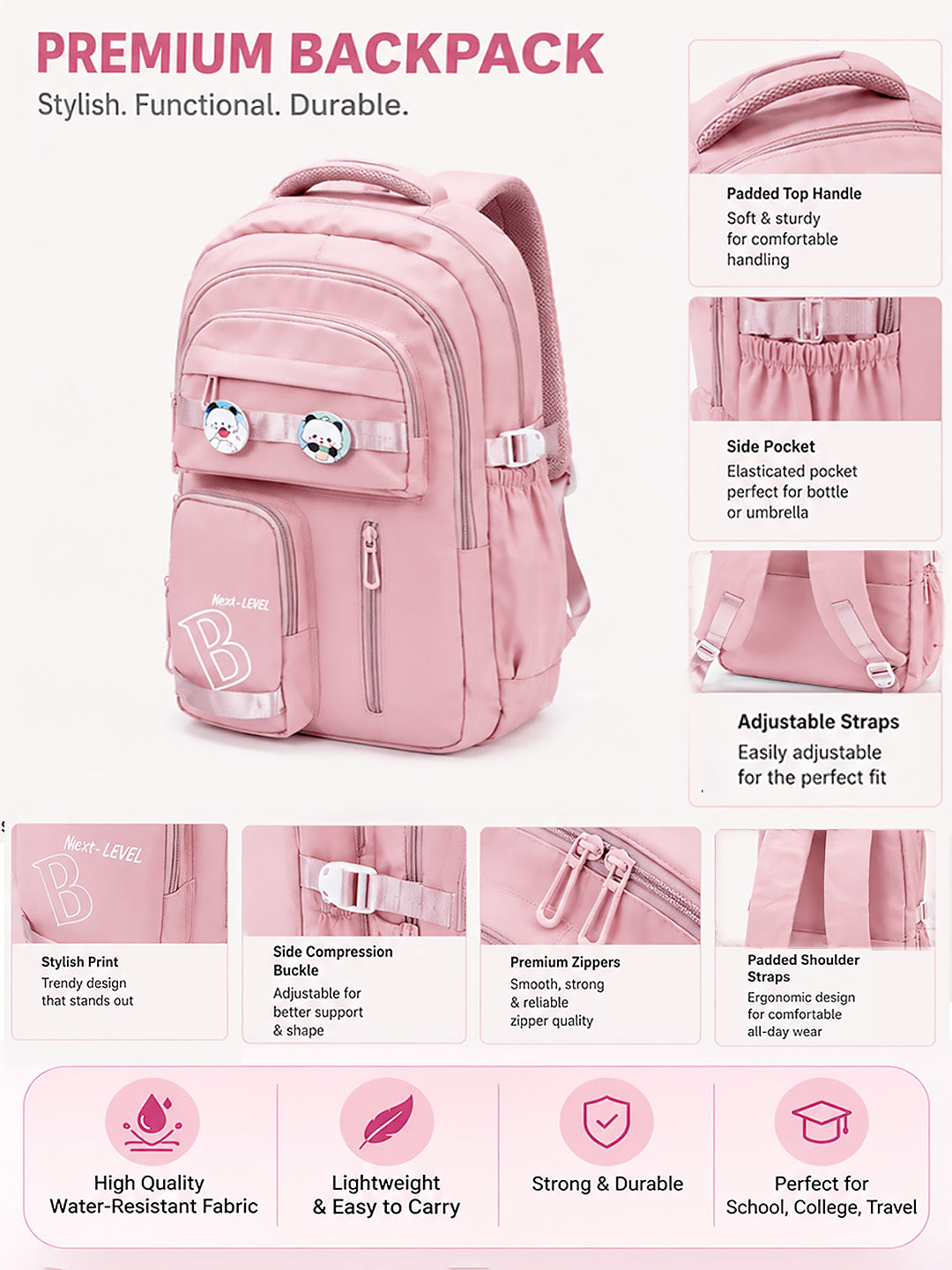 Next-Level Premium Pink School Backpack for Kids & Teens