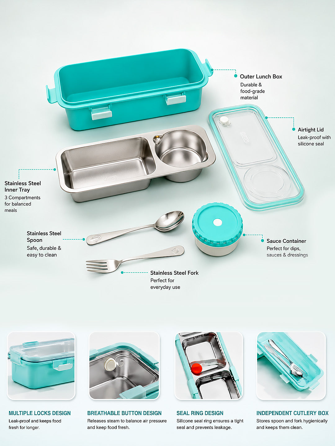 2-Compartment Kids Stainless Steel Lunch Box | Leak-Proof | Fork, Spoon & Sauce Container Included