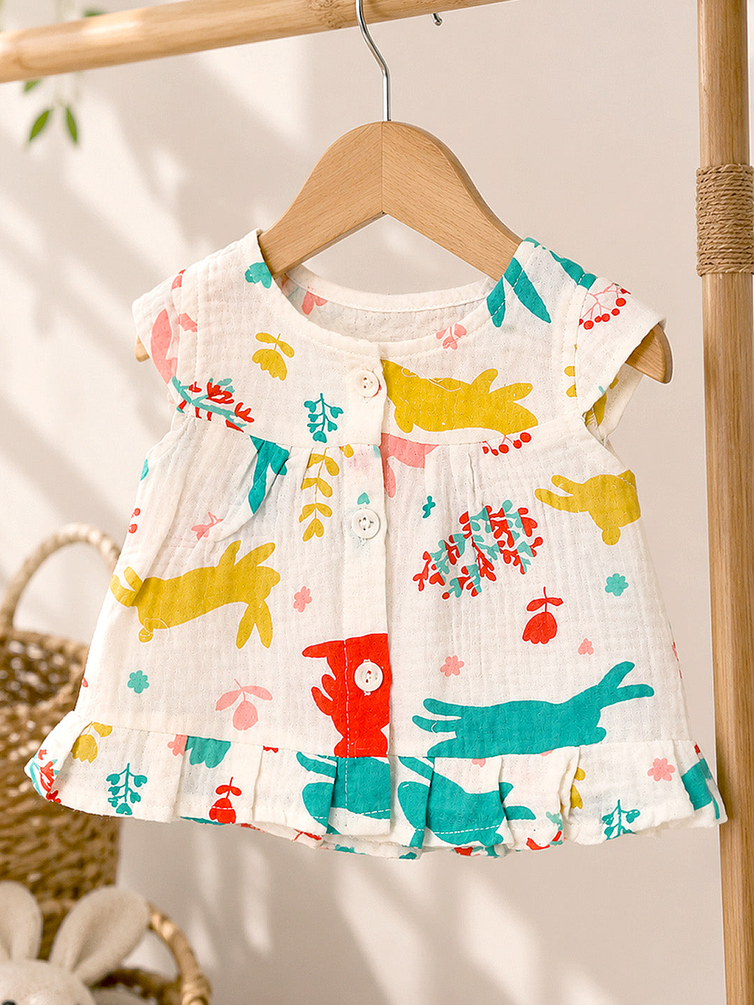 Bunny Animal Print Baby Girl Muslin Frock | Cap Sleeve | Ruffle Hem | 0–6 Months