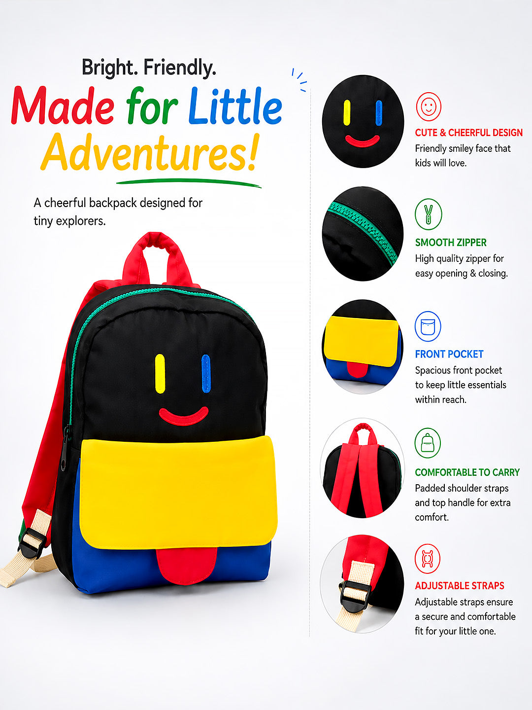 Kids Smiley Face Colour Block Backpack – Black Multi
