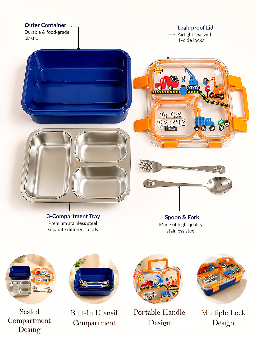 3-Compartment Kids Lunch Box | Stainless Steel Tray | Leak-Proof | Fork & Spoon Included