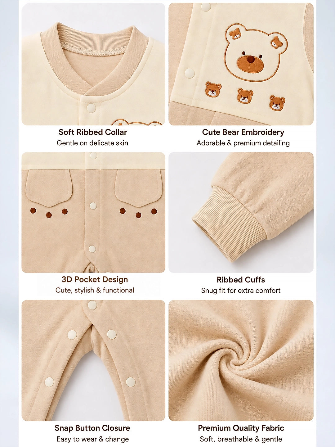 Bear Print Baby Romper | Full Sleeve | Snap Button | Footless | 0–12 Months