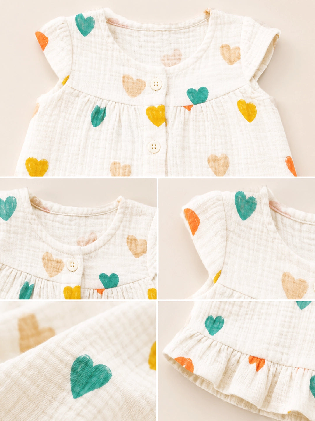 Colourful Hearts Baby Girl Frock | Muslin Cotton | Cap Sleeve & Ruffle Hem | 0–6 Months