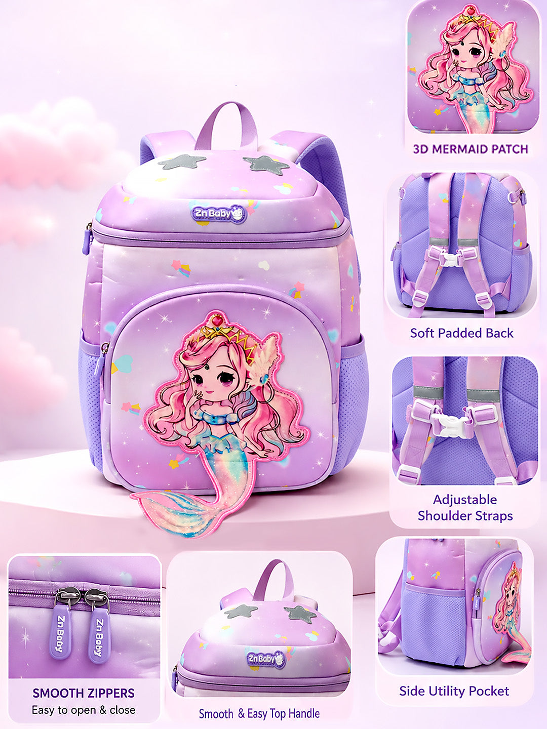 3D Mermaid Princess Kids School Backpack – Purple & Pink