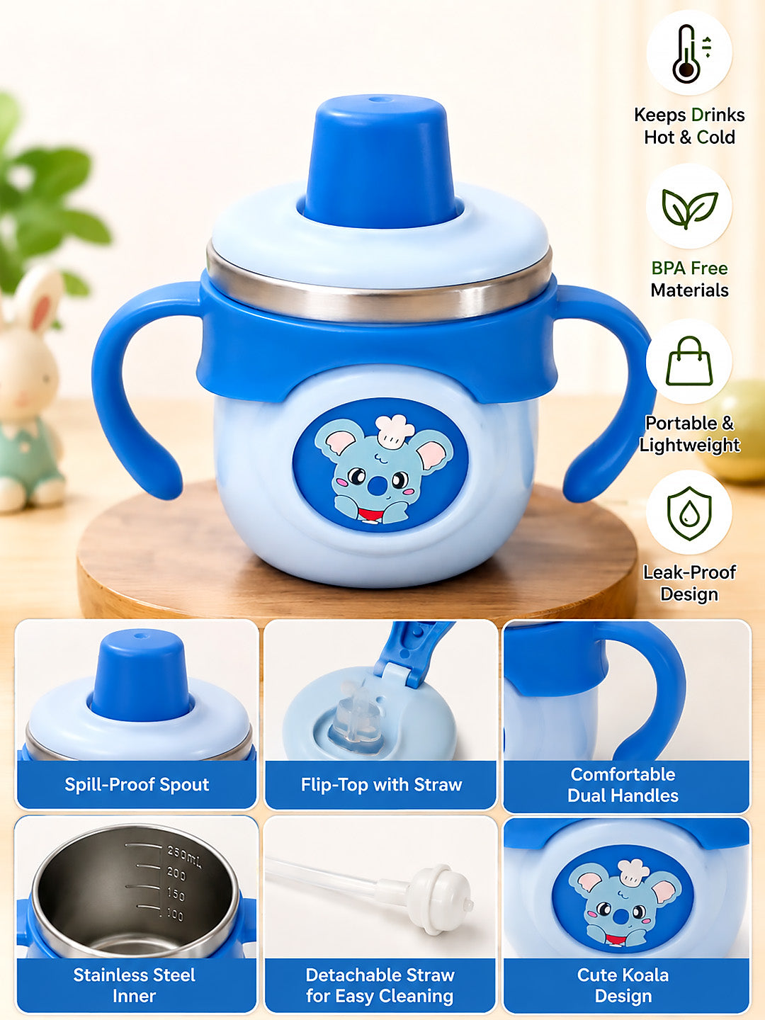 Koala Stainless Steel Sipper Bottle for Babies & Toddlers — 250ml | Spill-Proof Spout & Flip-Top Straw