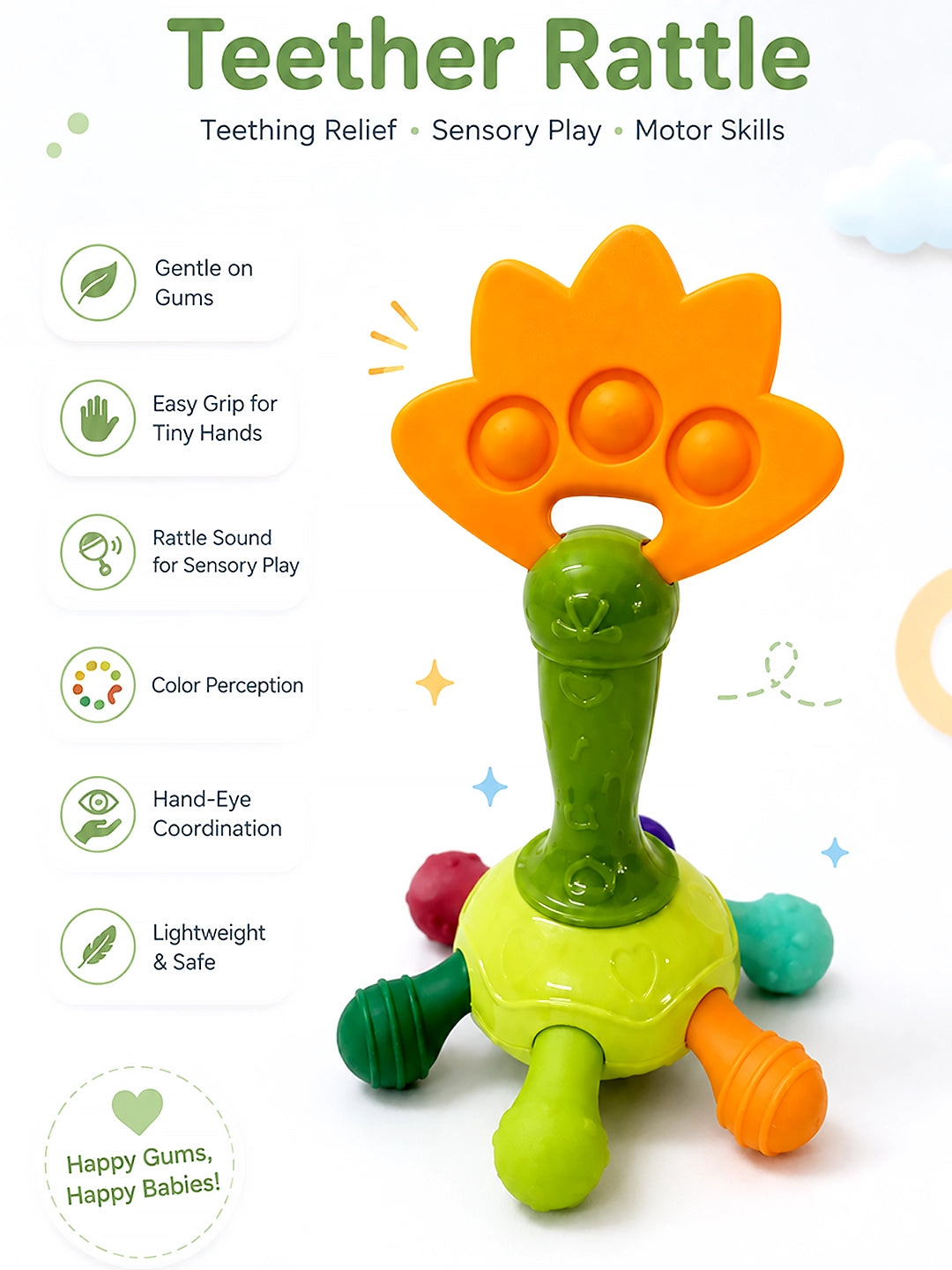 Dino Teether Rattle for Babies | Multi-Textured | BPA-Free | 6–18 Months