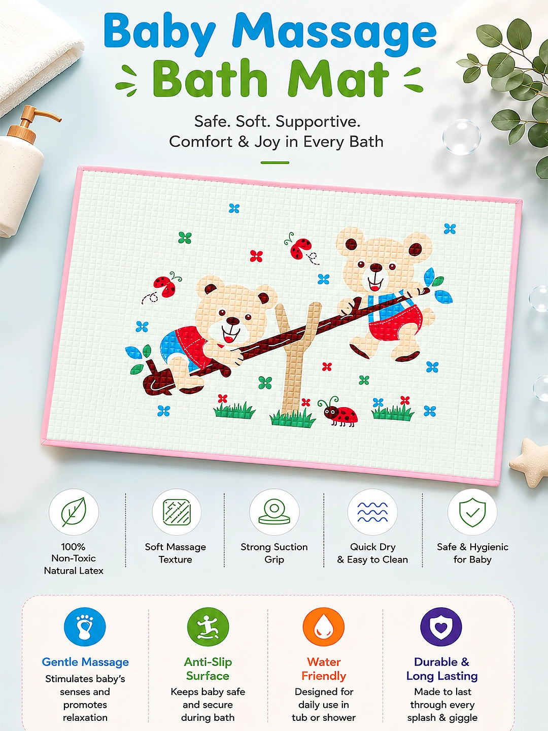 Baby Massage & Play Mat | Seesaw Bears Print |Waterproof Natural Latex