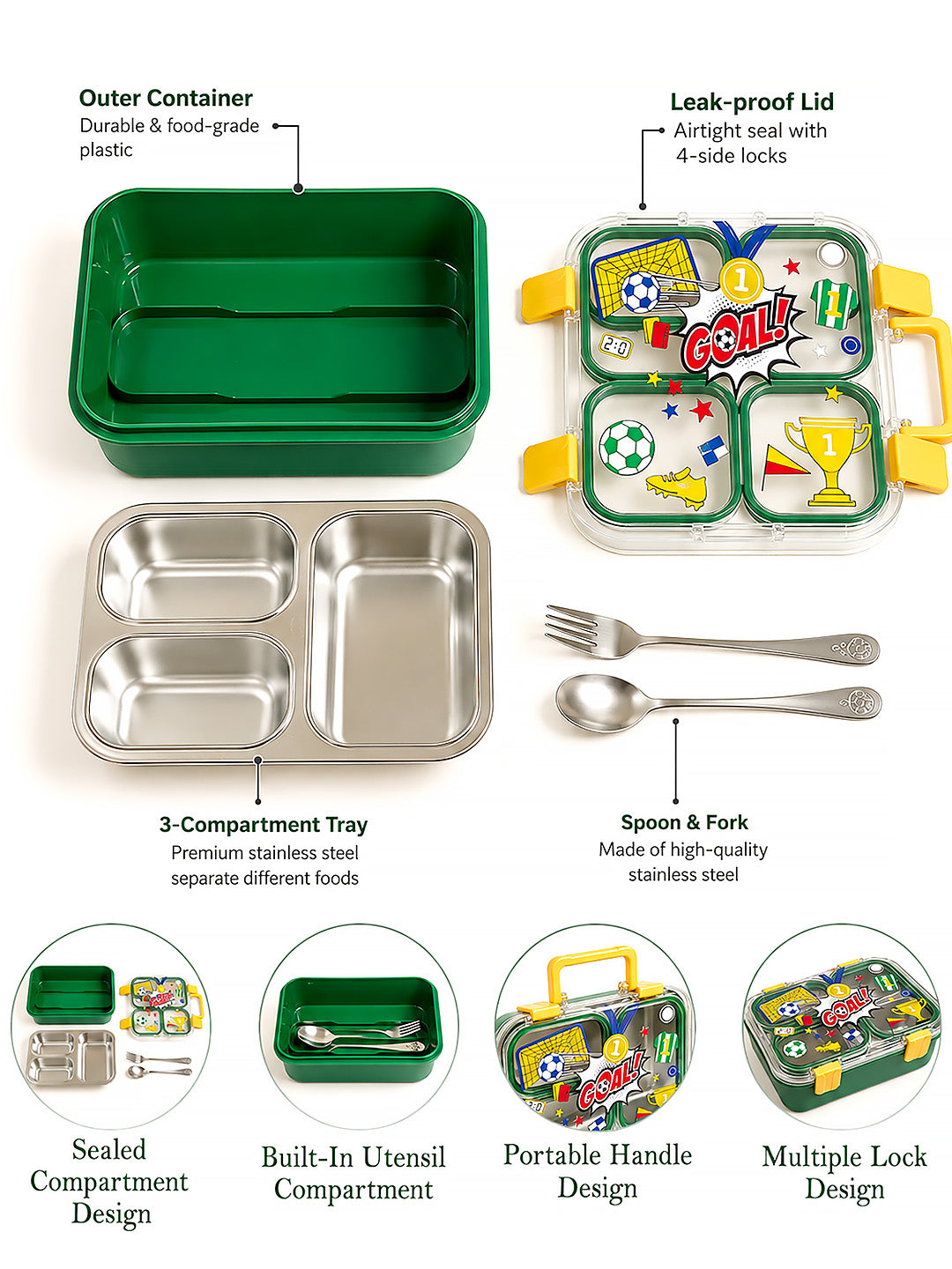 3-Compartment Kids Lunch Box | Stainless Steel Tray | Leak-Proof | Spoon & Fork Included