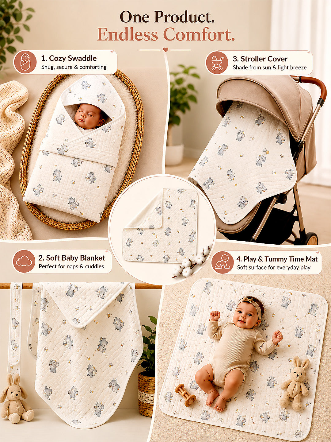 Little Elephant 6-Layer Muslin Cotton Baby Swaddle Blanket | All-Season | 85×85 cm