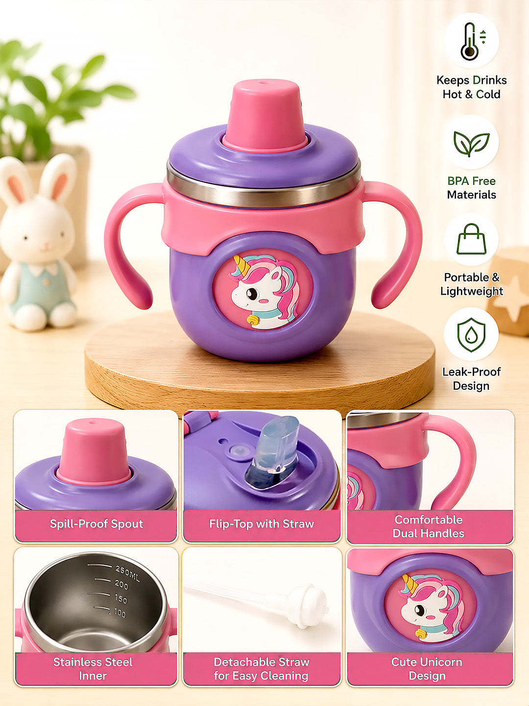 Unicorn Stainless Steel Sipper Bottle for Babies & Toddlers — 250ml | Spill-Proof Spout, Flip Straw & Dual Handles