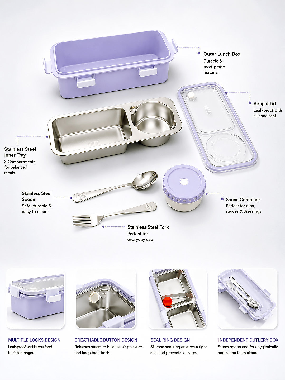 2-Compartment Stainless Steel Kids Lunch Box | Leak-Proof | Sauce Container | Fork & Spoon Included