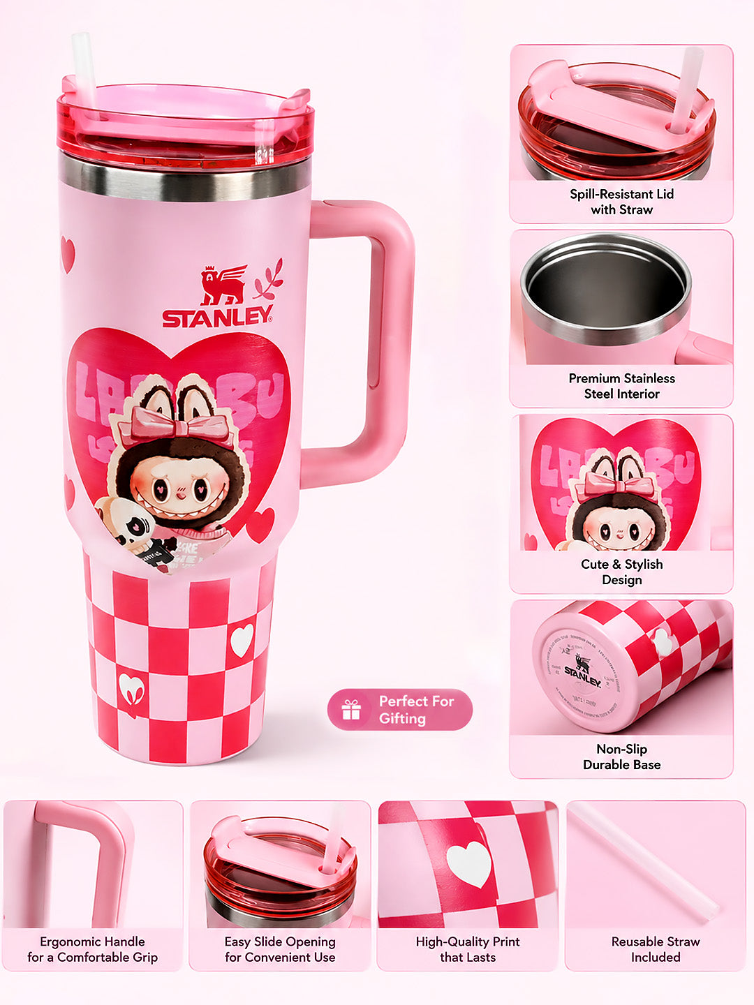 Pink Labubu Love Heart Stainless Steel Tumbler | Slide Lid & Reusable Straw