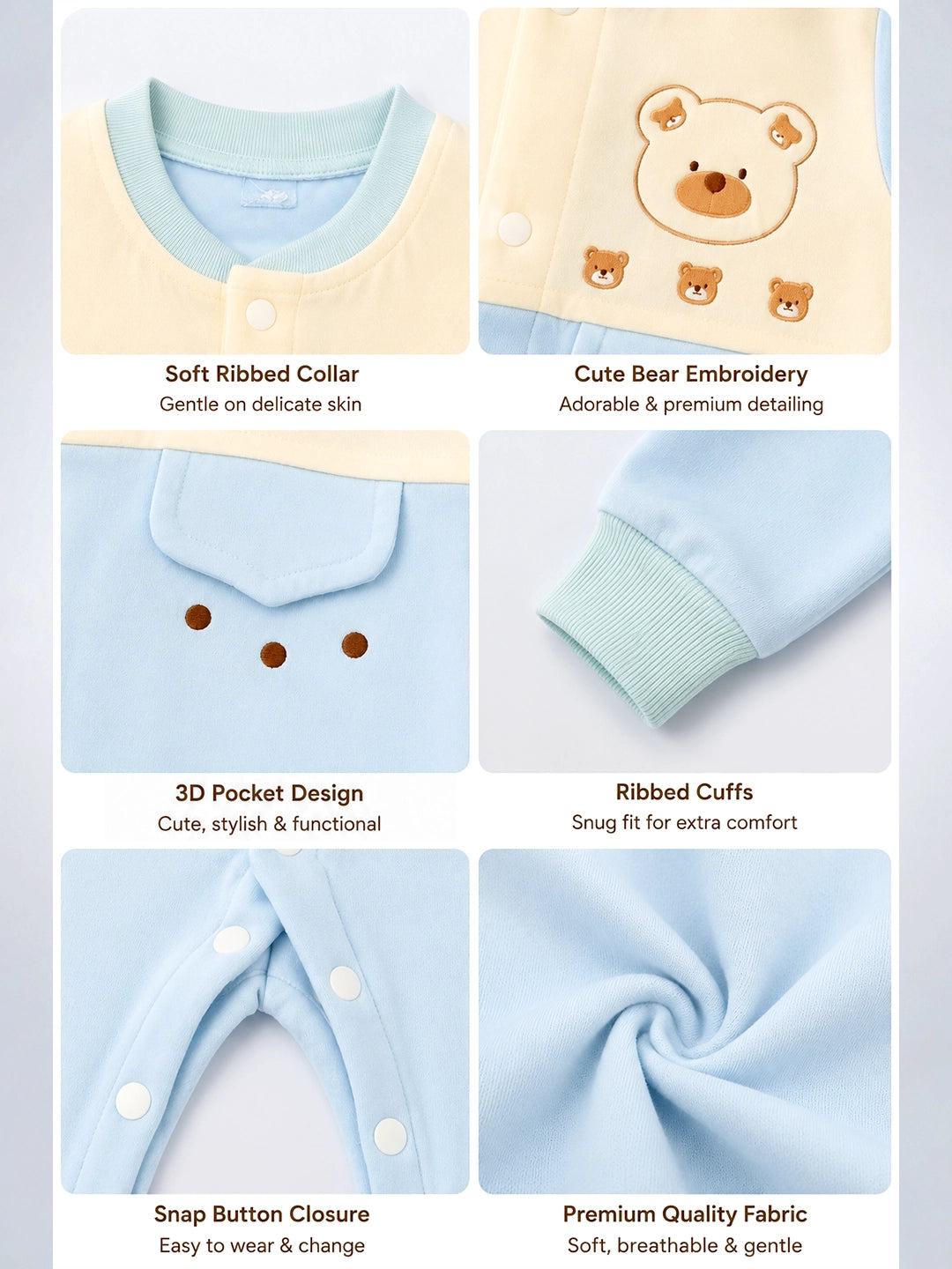 Bear Embroidery Baby Romper | Full Sleeve | Snap Button | Footless | 0–12 Months