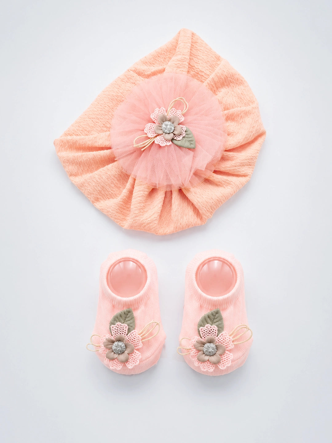 Peach Floral Turban Cap & Booties Gift Set | Soft & Breathable | Baby Girls 0–12 Months