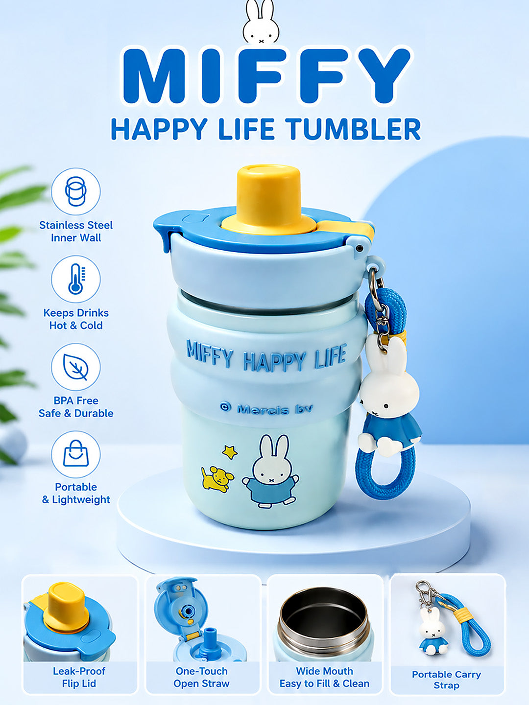 Miffy Happy Life Kids Stainless Steel Tumbler — 480ml | Dual Lid, Infuser & Miffy Charm
