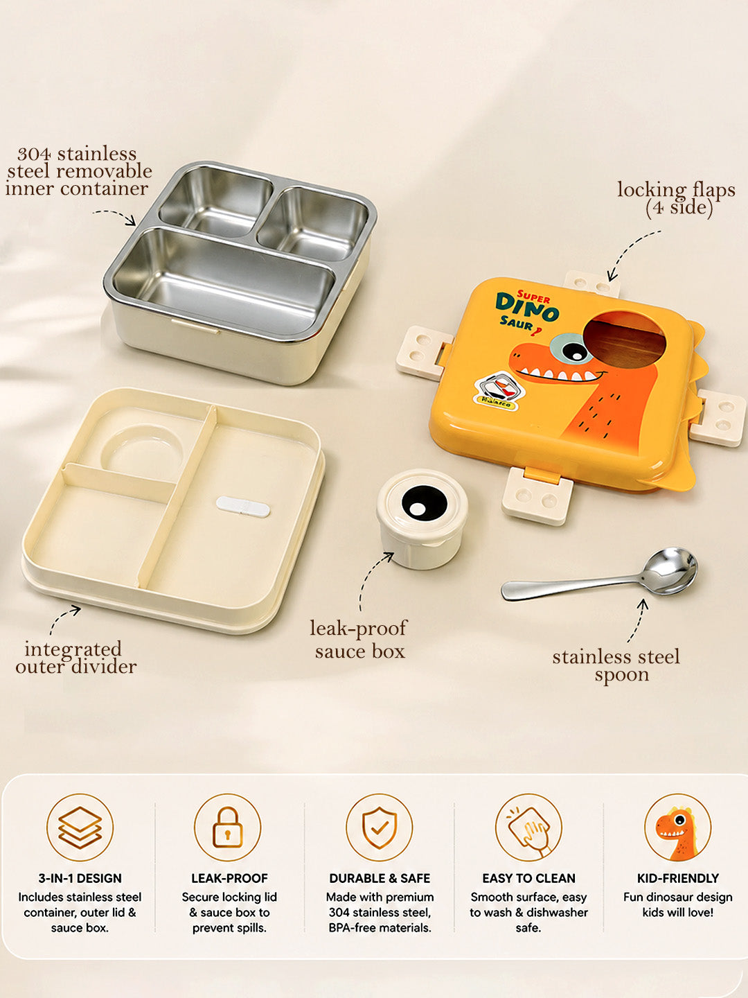 Super Dinosaur Kids Stainless Steel Lunch Box with Compartments & Spoon