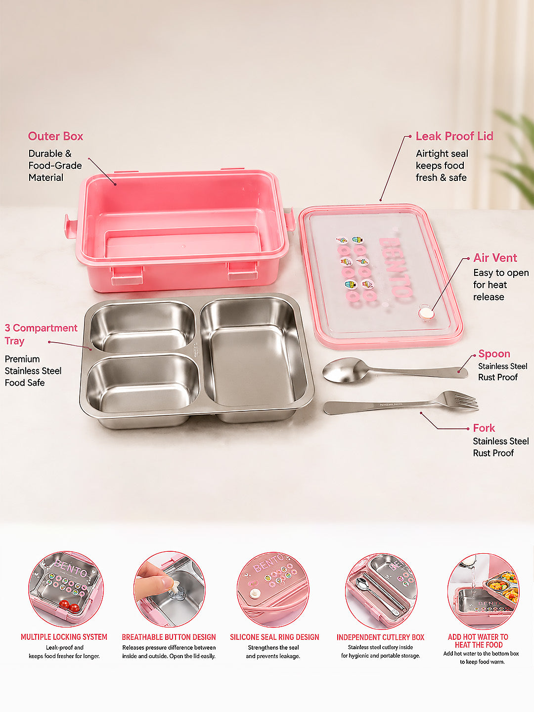 3-Compartment Kids Stainless Steel Lunch Box | Leak-Proof | Fork & Spoon Included