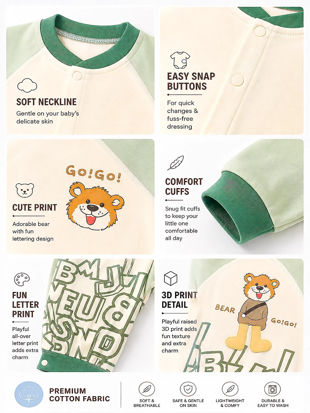 Green Bear Baby Romper | Full Sleeve | Snap Button | Footless | Premium Cotton | 0–12 Months