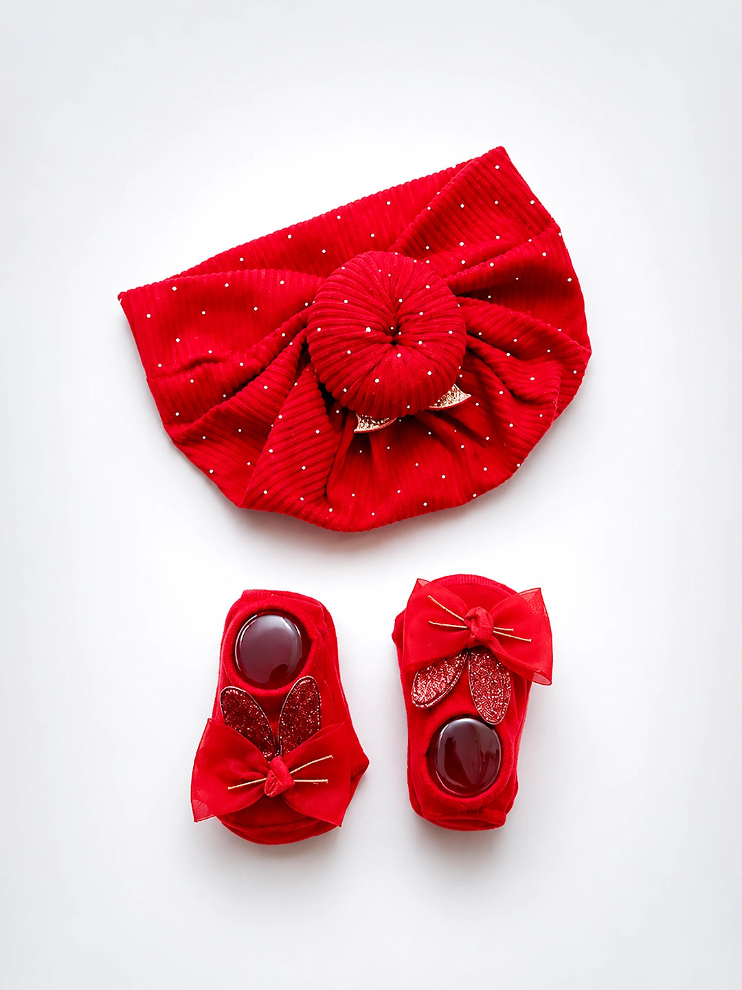 Red Sparkle Turban Cap & 3D Bow Booties Set | Soft Baby Girl Gift Set