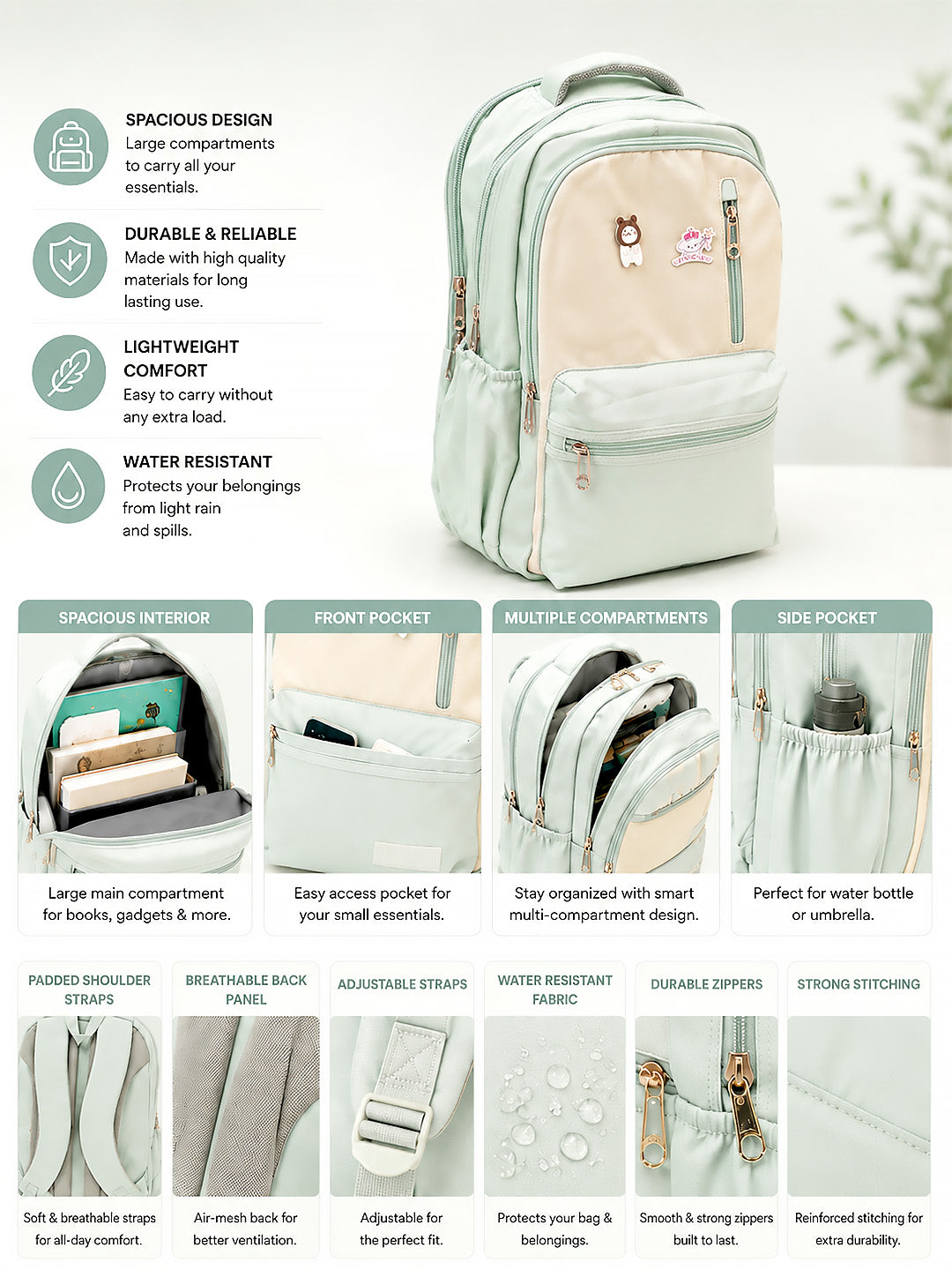 Mint Green Kids School Backpack with Cute Pins – Spacious & Lightweight