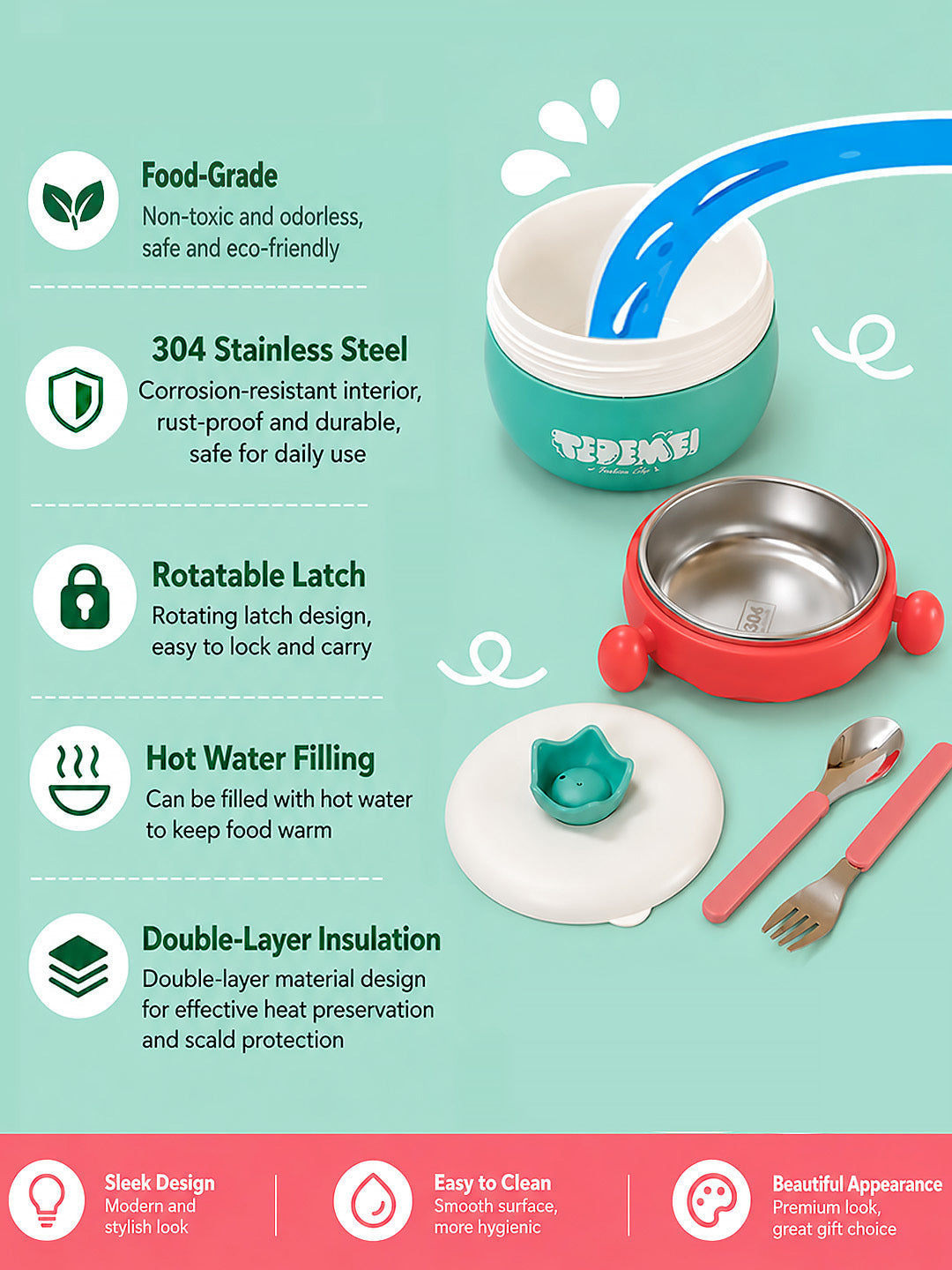 Kids Round Insulated Lunch Bowl | Stainless Steel | Double-Layer | Fork & Spoon Included