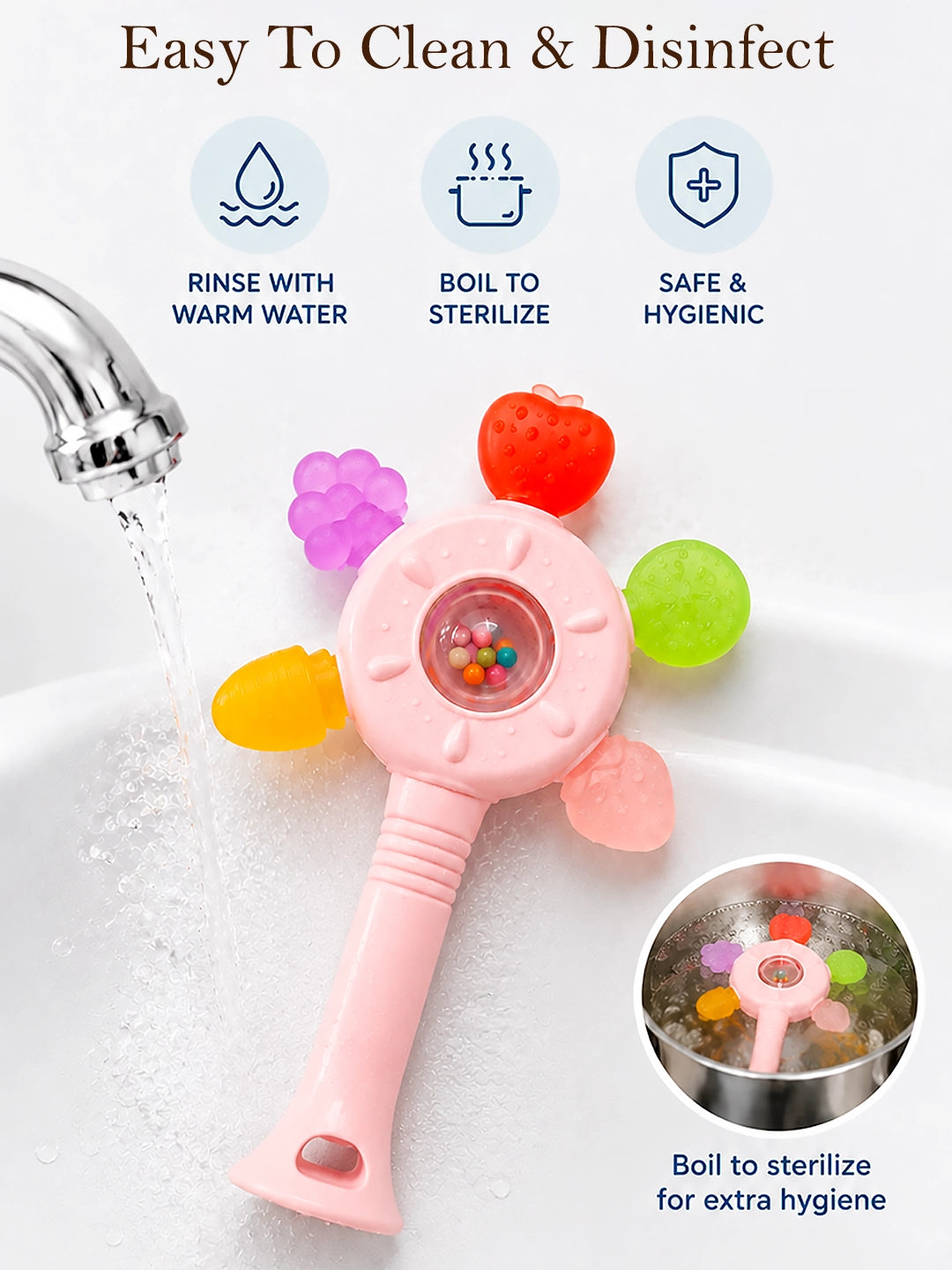 Pink Fruit Multi-Texture Baby Teether Rattle | 5 Teething Surfaces | 0+ Months