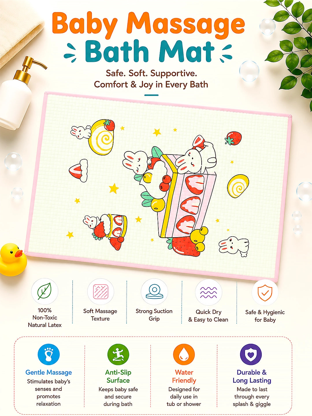 Baby Massage & Play Mat | Strawberry Bunny Print | Waterproof Natural Latex