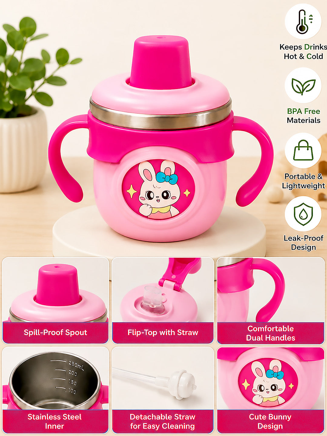 Bunny Stainless Steel Sipper Bottle for Babies & Toddlers — 250ml | Spill-Proof Spout & Flip-Top Straw