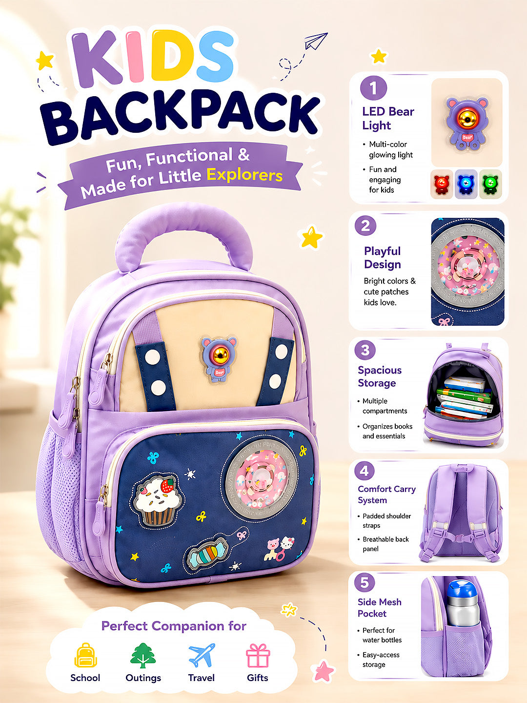 Purple LED Bear Kids School Backpack with Cute Candy Patches