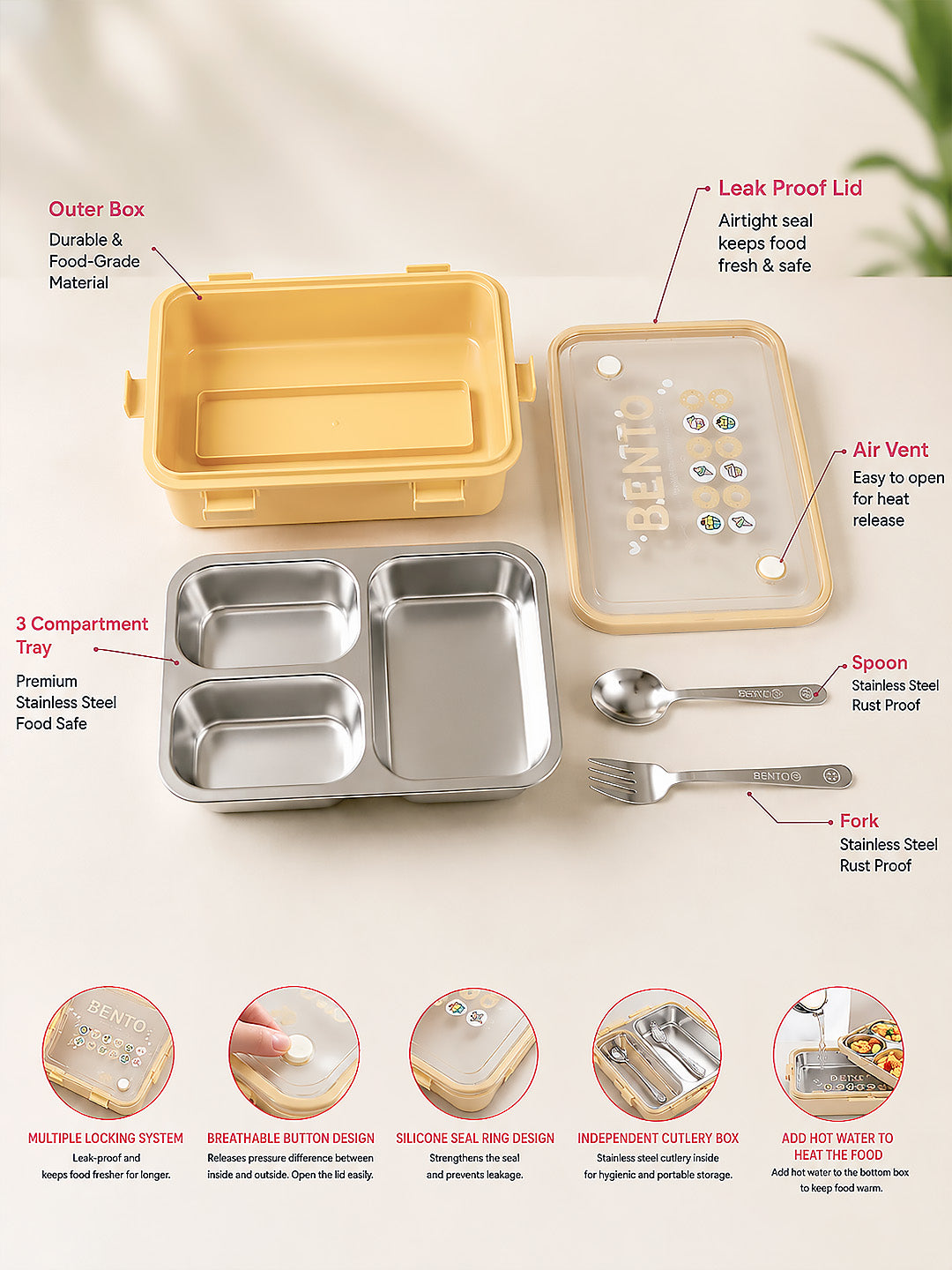 3-Compartment Kids Stainless Steel Lunch Box | Leak-Proof | Fork & Spoon Included