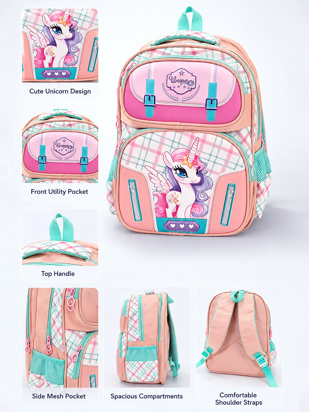 Unicorn School Backpack for Girls – Pink Plaid Kids Bag