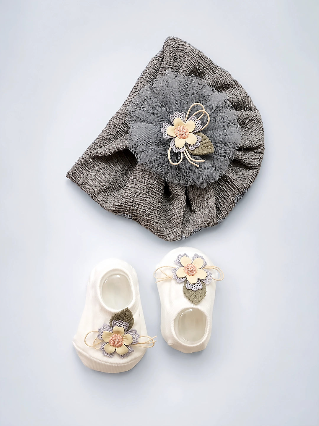 Gray Floral Turban Cap & Booties Set | Soft Knit Baby Gift Set | 0–12 Months