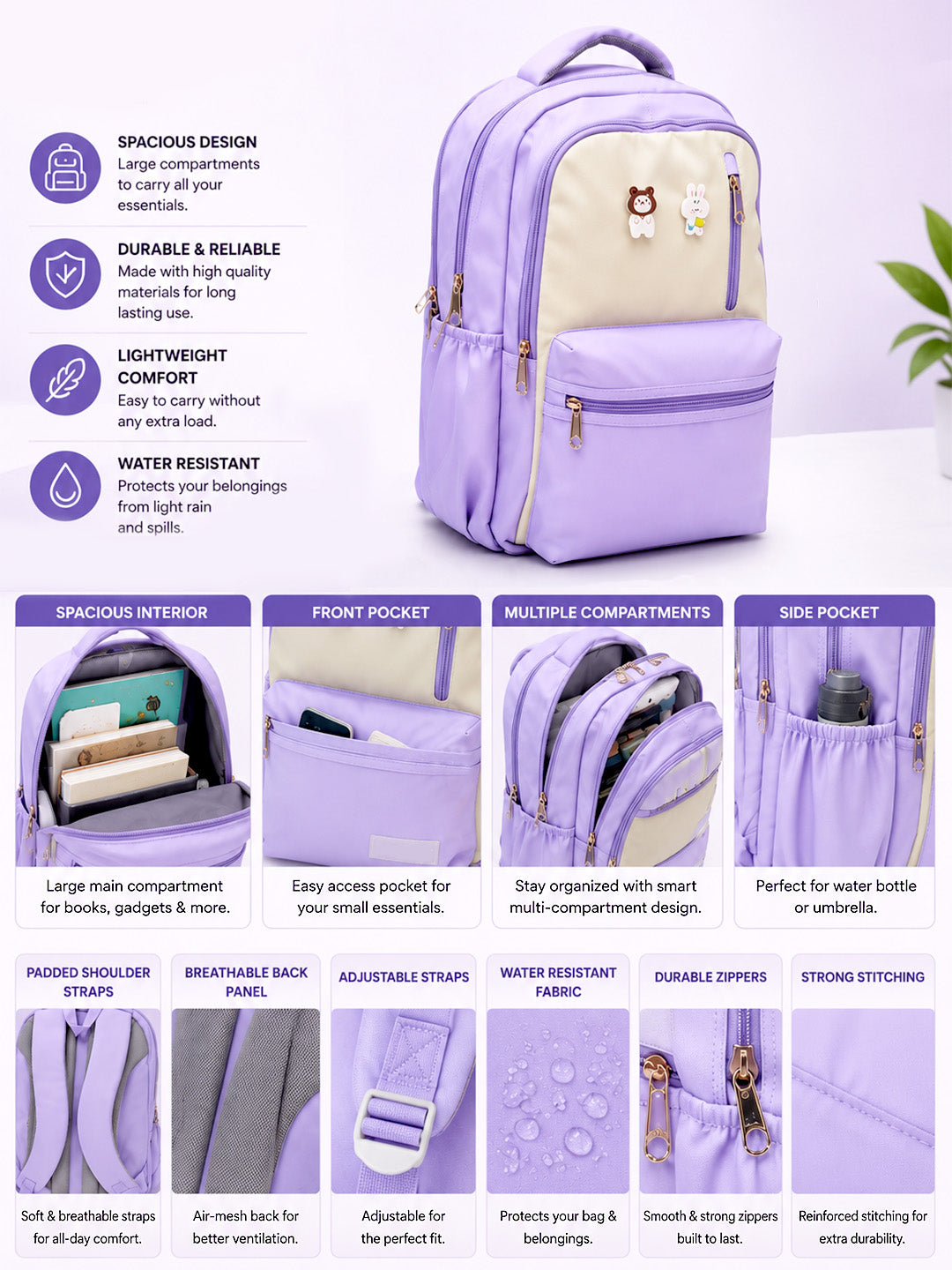 Purple Bear & Bunny Kids School Backpack