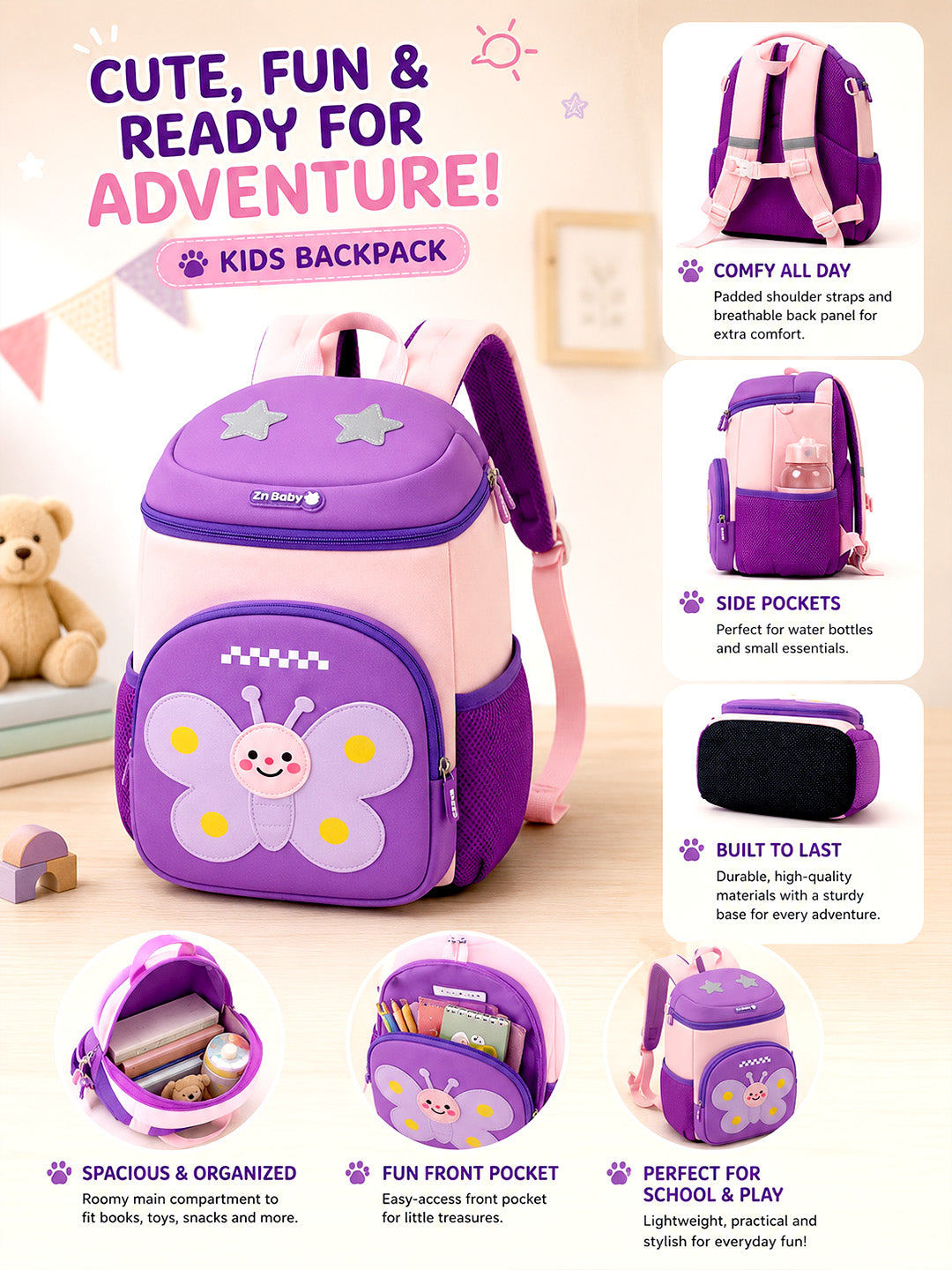 Purple Butterfly Neoprene Kids Backpack with Safety Leash – Girls Toddler School Bag