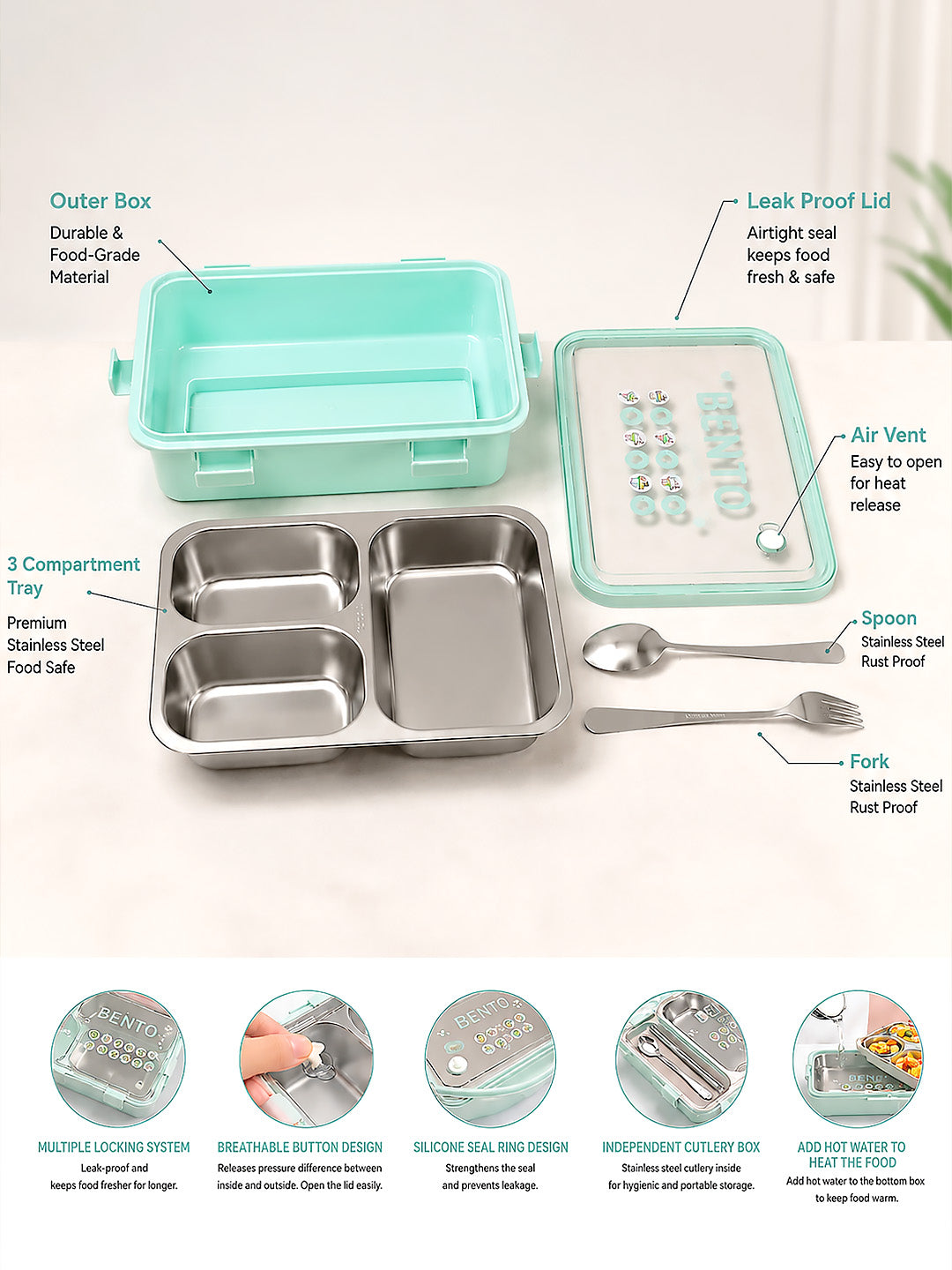 3-Compartment Kids Stainless Steel Lunch Box | Leak-Proof | Fork & Spoon Included