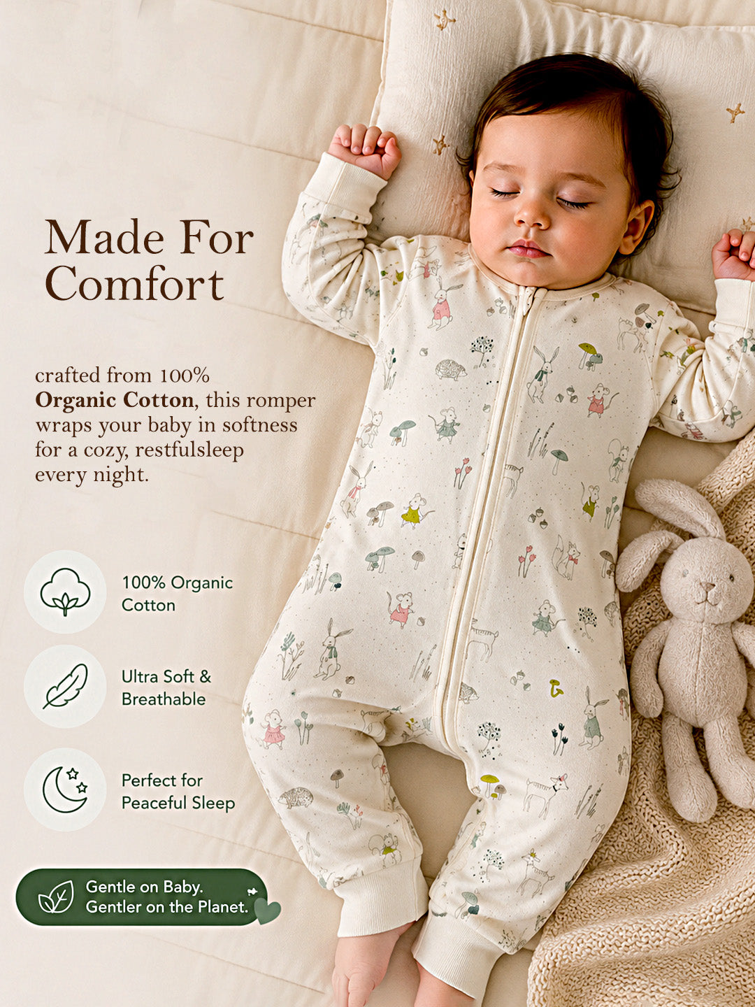 Woodland Friends Baby Romper | Full Sleeve | Two-Way Zipper | Footless | 100% Organic Cotton | 0–18 Months