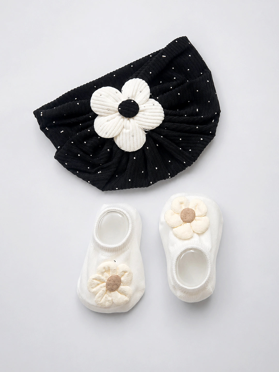 Black Floral Turban Cap & Booties Set | Soft Baby Girl Gift Set
